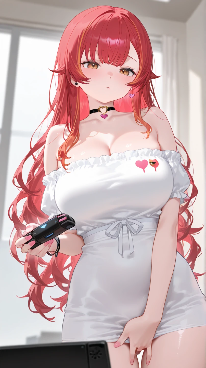 (masterpiece, best quality:1.2) best quality, masterpiece, highres, focus, anime style, a closeup of a cartoon of a woman, girl design, portrait, giesha, anime image, long hair, red hair, heterochromia eyes, hair covering ears, cat ears, horny and shy look, sport tank pink bra ,blue jeans, pink gloves, black belt around waist, round thick giant breasts, ((huge breasts)), ((large breasts)) ,engineer, engineer tools, mechanic, tools, tools in hand, wrench , wrench in hand, toolbox