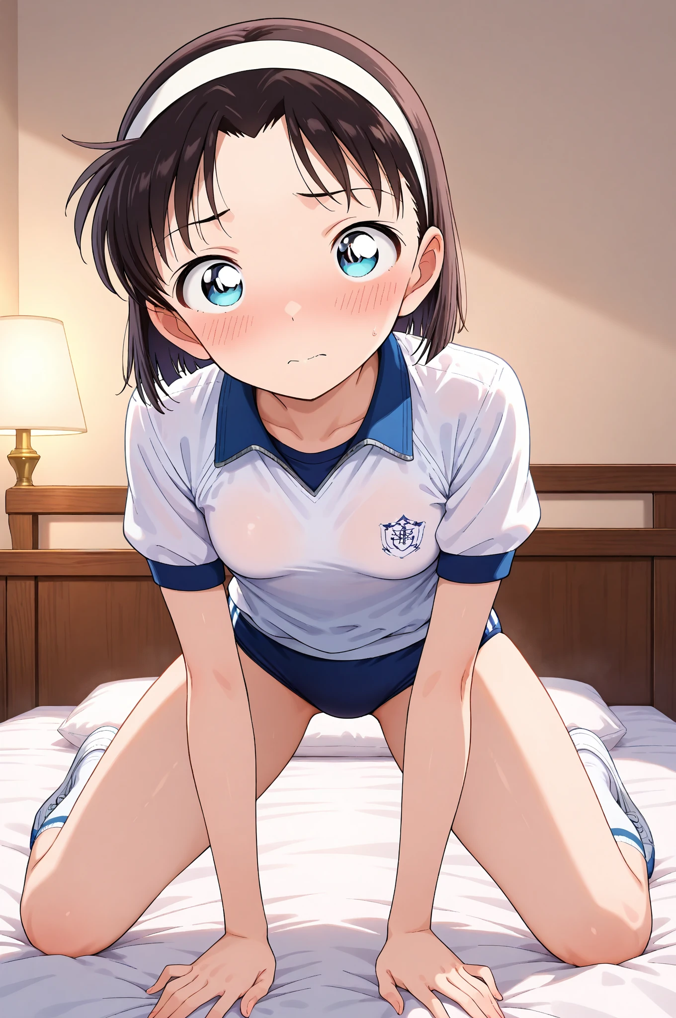 nsfw,One Woman、((Small Breasts)),10 years old、Primary school students、((1boy and 1girl, vaginale, Spooning Position, on side, leg lift or spread legs))、Highest quality、Very delicate and beautiful、((Very short bangs))、((Bangs))、Light shiny brown hair、The hair is light、((Short Bob))、Cute face、Young face、Cute like an idol、Yellow Eyes、Are thin、Slim figure、Short、(Child body type)、((Lots of sweat))、Embarrassed face、Open Mouth、Troubled face、Red face、On the bed、