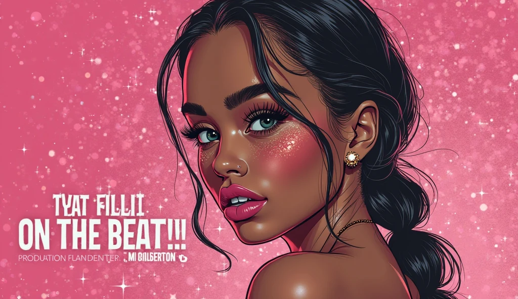 Create at fraction "Kristhel the divine" in cursive with a pink background and lots of nails and makeup cosmetics with brown skin and straight hair