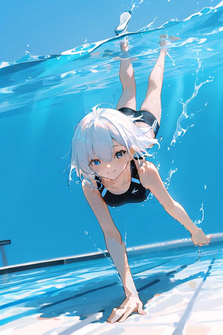 Anime Woman wearing a dark blue one piece swimsuit, short white hair, swiming breaststroke underwater in a pool, horizontal body position side camera view