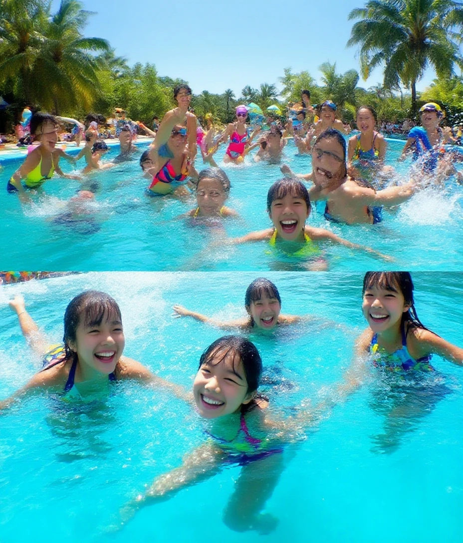 Masterpiece, best quality, 3 girls playing in the water, clouds, sun, clean blue sky, smile, have fun --auto --s2