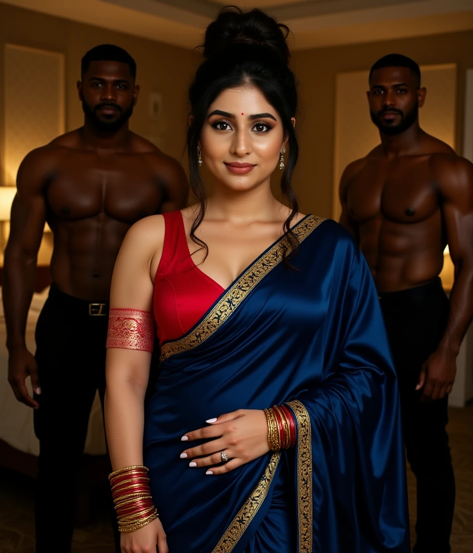 1 muscular , handsome and attractive Indian Hindu gujrati bearded man with no shirt with sexy Pakistani Punjabi Muslim married woman (milf with big and bubble butt) wearing full metallic saree. Both are hugging pose. In office. Hyper realistic image detail image. woman standing on left of the man with her navel visible and the man has grabbed the woman by waist and about to mate with her