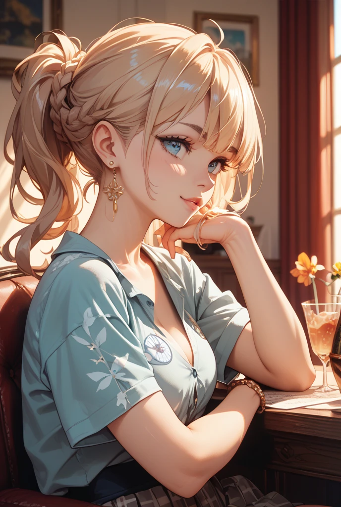 sad girl, full lips, large green eyes, blonde high ponytail, (waitress uniform worn over plain white t-shirt: 1.4), (close-up shot: 1.2)