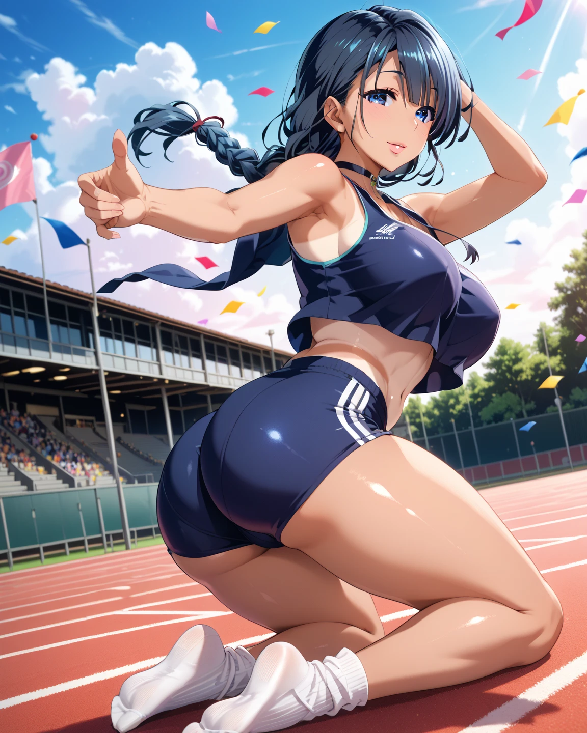 track and field athlete、athletics stadium,、athlete、Beauty、squat、buttocks emphasis