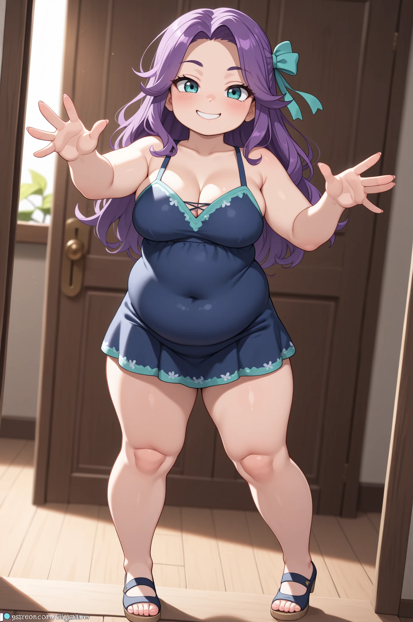 1 girl, GameCG, Short purple cheongsam, Cracks are visible, shairband, Huge cleavage, light violet hair, Long gray hair, french braid, a purple eye, ssmile, hugging pillow, Full body lesbian,vup pictures