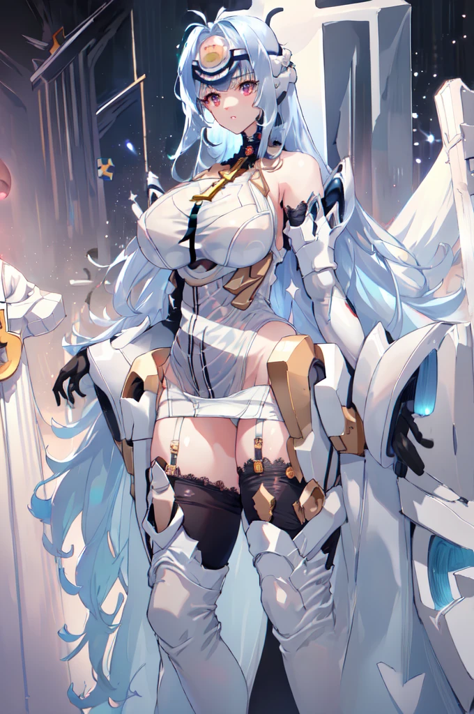 masterpiece, best quality, illustrious \(azur lane\), 1girl, blue eyes, wihte hair, very long hair, hair ornament, breasts, white dress, detached collar, bare shoulders, navel, elbow gloves, mole under eye, white footwear, cowboy shot, simple background,side_tie panties,lift,standing,thigh_high sock