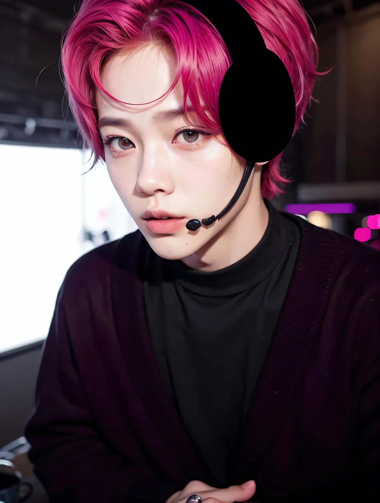 Hombre de cadena negra, adaptado de Cheng Yanjun, cai xukun, Kim Do-young, Jung Yan Jun, Zheng Yan Chan, Urzan, Jung Jae Hyun, hyung tae, Bian Shoumin, Hong Jun Heng, kanliu666; cabello corto, parte superior ligeramente esponjosa, algunos mechones de pelo que sobresalen de las orejas, labios rojos brillantes cadenas negras como boca de lobo, wearing a black coat with silver chain decoration.