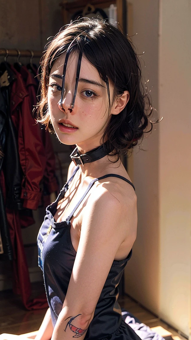 (Browsing Caution:-2), (Realistic, photo-Realistic :1.4), (Highest quality, masterpiece:1.2), RAW Photos, High resolution, Intricate details, Very detailed, Realistic and sharp details, Portraiture, (Front view:1.2 ), alone, Beautiful Japanese Woman, Beautiful woman, (Black Hair), (Short Bob Hair), Detailed face, Detailed eyes, Beautiful Eyes, Refined nose, Pale skin, Fine skin, (Nose hook, Chain strap), (Gemstone Choker), clavicle, shoulder, T-Shirts, skirt, dress、(whole body)、(Configuration from below)、(tattoo)、（Nipples）、（Are crying）、（tearsを流す）、（tears:1.2）、（Eyes that cried）、（tearsを流す）、（Crying face）、Nose hook、
