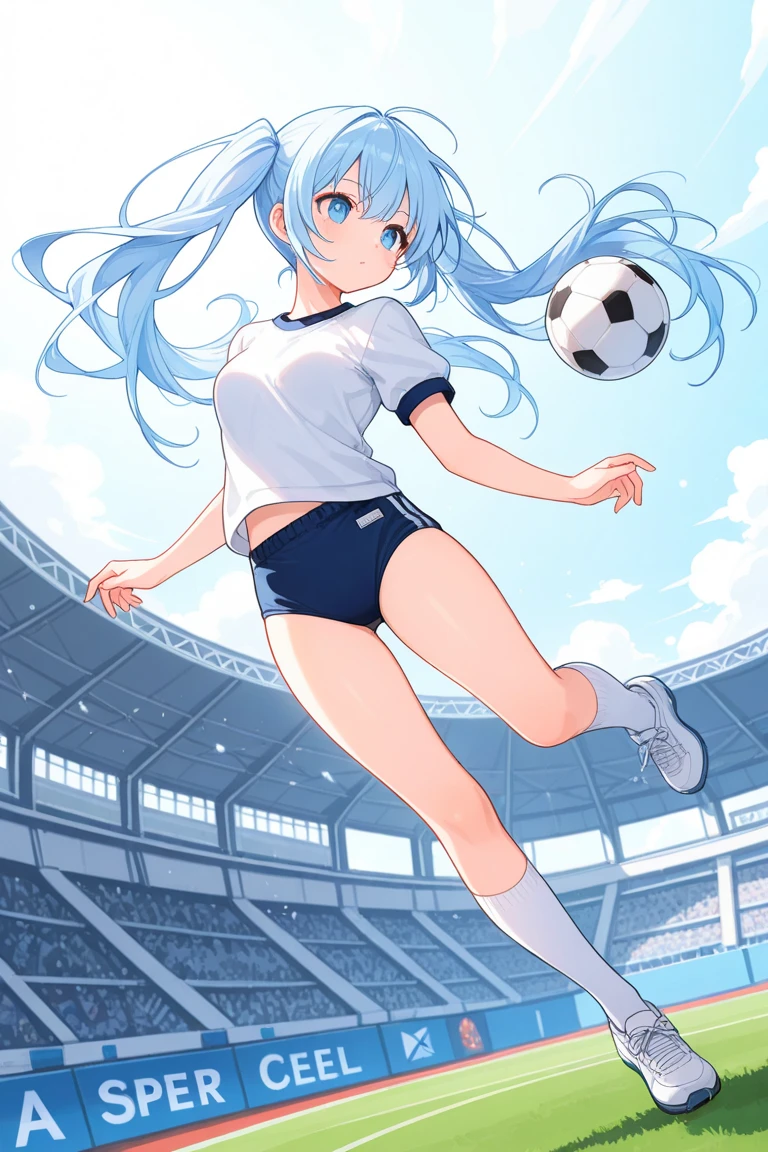 Summer Entrance Cloud、Kicking a soccer ball in a park under a bright blue sky