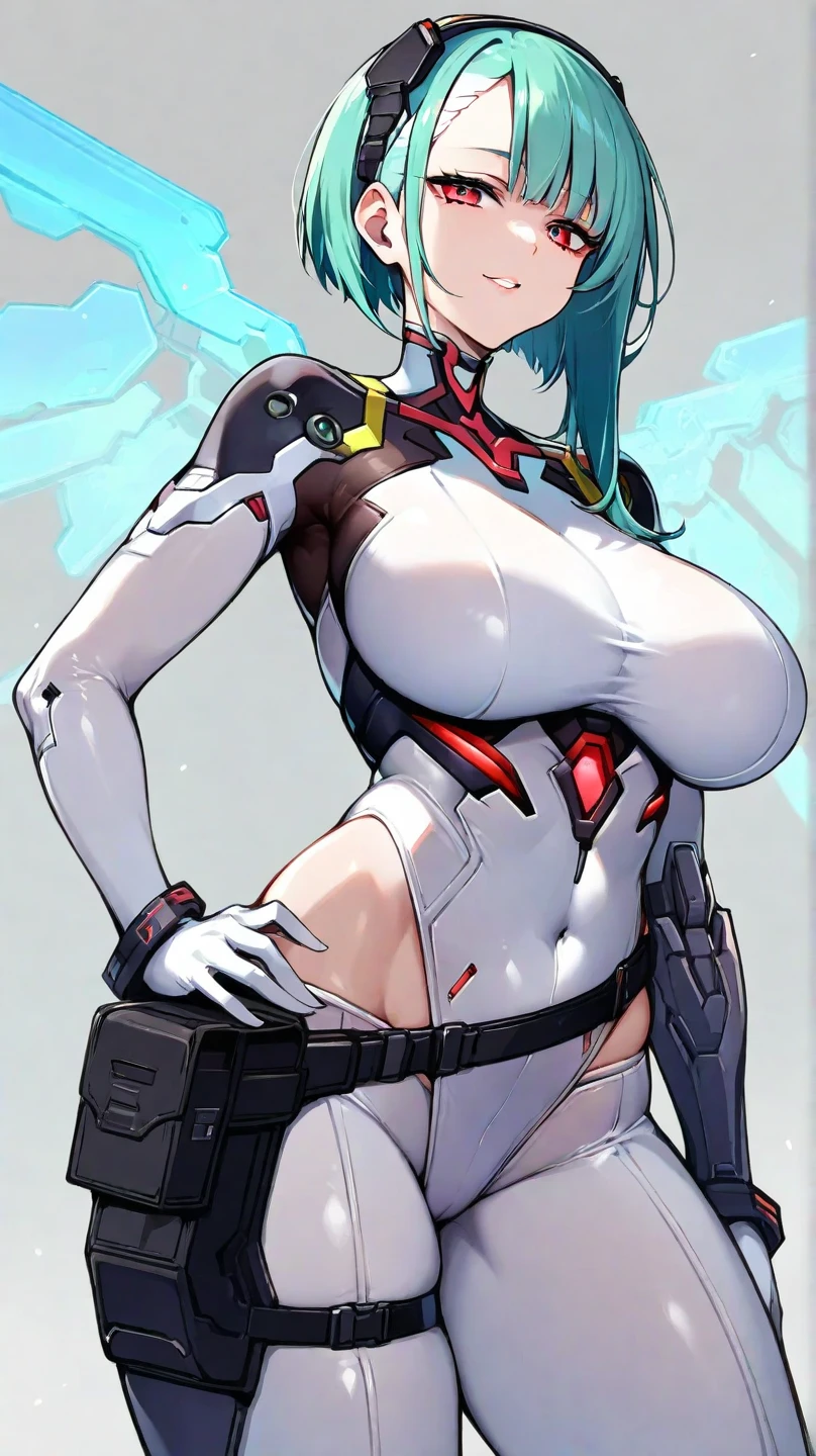 1girl, white hair, very short hair, red bodysuit, bodysuit, green eyes, futuristic, machinery, science-fiction, huge breasts, thick thighs, smile, sword, neon trim, neon, neon lights