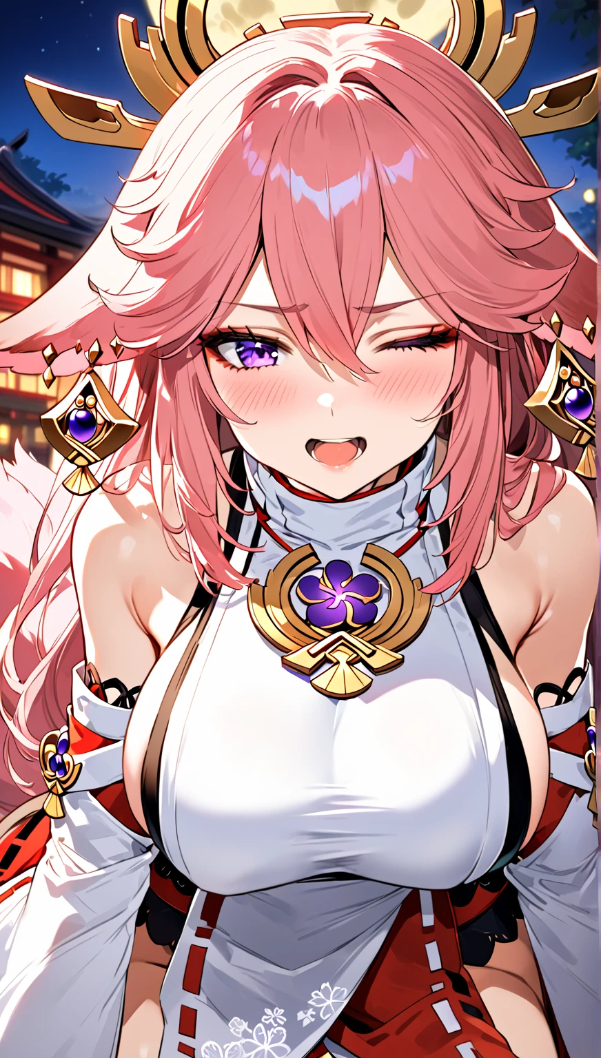 Top Quality, Beauty and Aesthetics, Very Detailed, Detailed Face and Eyes,anime, 1 Girl, Fox Ears, large Tits, Tail,fox girl,longhair,hair color pink,pink eyes, white fantasy dress,laying in a bed