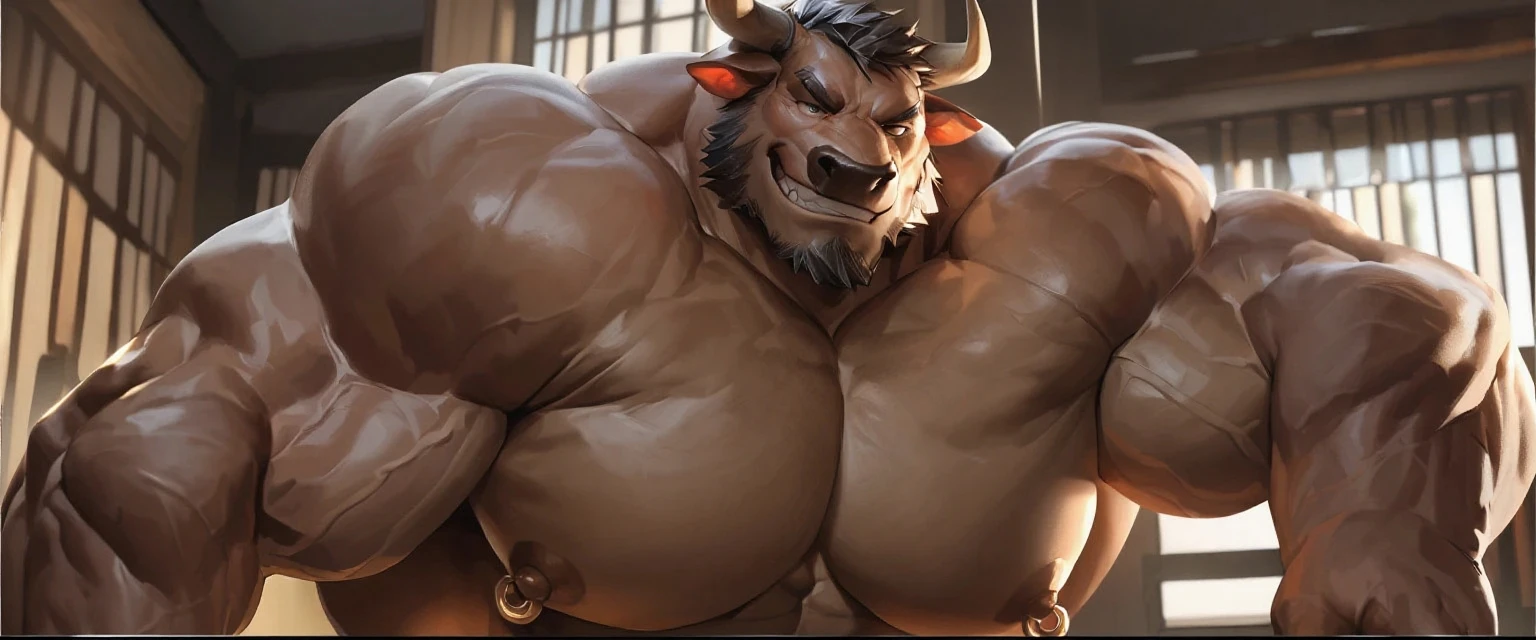 Dark dungeon, daddy anthro bull, orange clothing, prison jumpsuit, flex, muscular, barazoku, smirk, torn clothing, huge detailed skin tight bulge, by taran fiddler, scar, tattoo, thug, pinup, translucent_clothing, (Sharp focus, masterpiece, 8k, intricate artwork, hyper detailed, high detail), aroused, horny