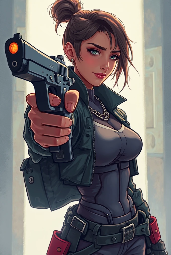 dark skin woman hold gun aim angry at you