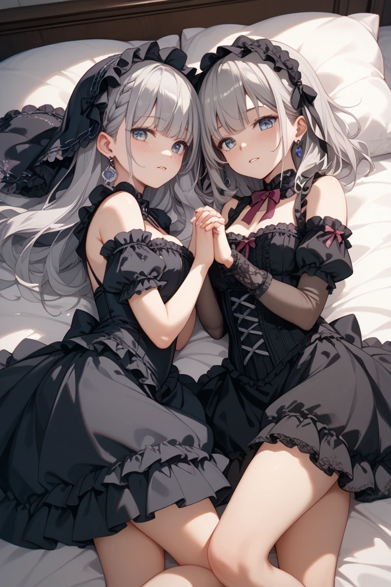 White long hair girl black eyes have black cat mask on right side of head wearing blue christmas dress blue christmas socks black shoes