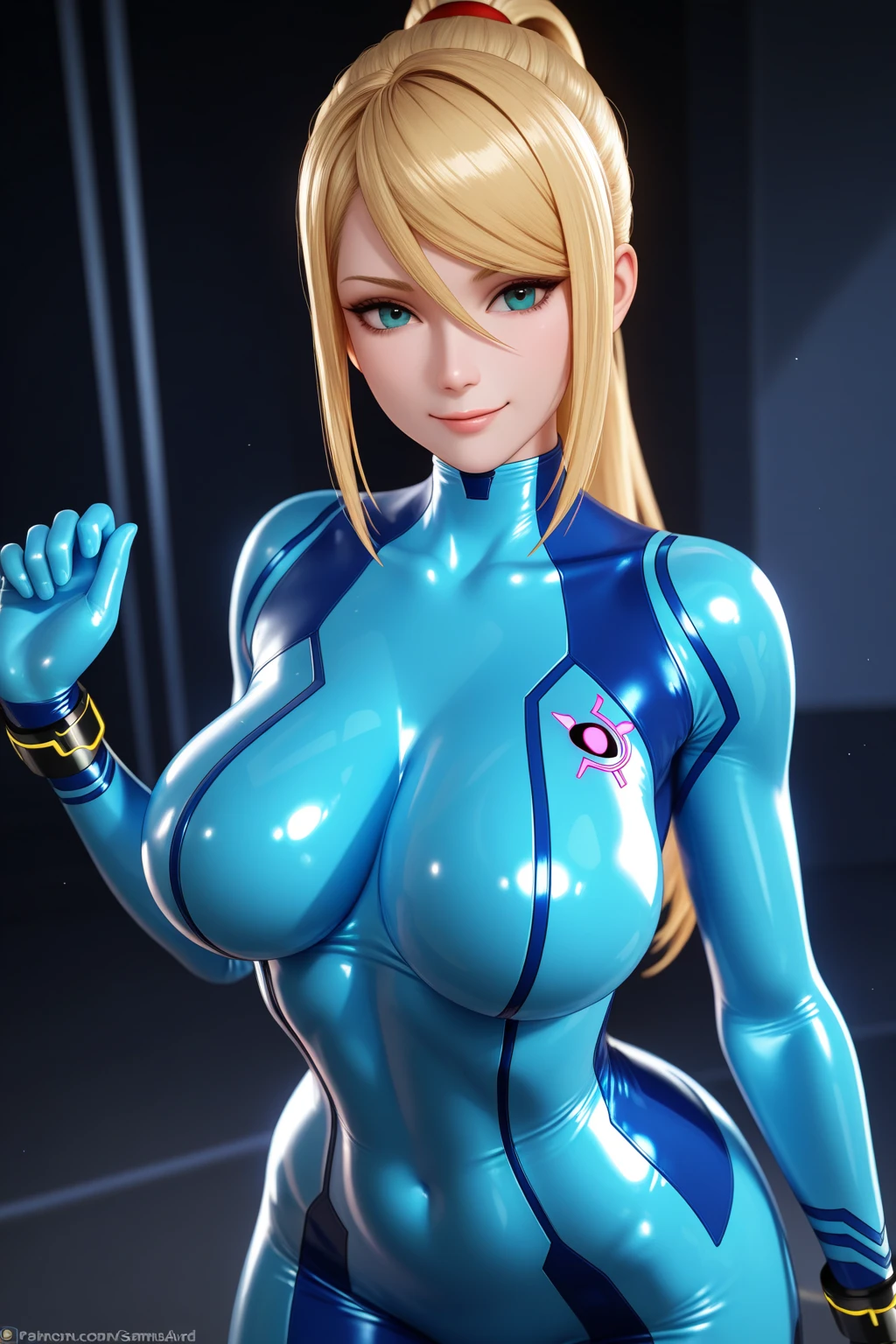 (Anime Style), ​masterpiece, depth of fields, Photorealsitic, absurderes, top-quality, 8k, top-quality, Perfect litthing, lighting like a movie, One Girl, femele, mature, portlate, Samus, Zero Suit, blue eyess, poneyTail, spaceships, cockpit, a smile, huge tit, Looking at the camera, Transparent, Transparent, Clothes sheer, The upper part of the body,