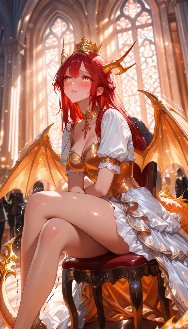 Masterpiece, best quality, 1girl, dark fairy, busty, small waist, large hips, large cleavage, red hair, yellow eyes, saddle, large dark fairy wings, demanding look, dark clothes, cave, sitting on a throne