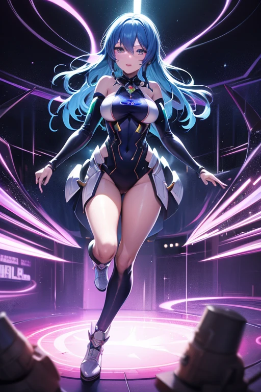 1girl, blue hair, large breasts, bunny ears, rabbit ears, wide hips, bodysuit, black bodysuit, long hair, science-fiction, tech, futuristic, machinery, full body, ((full body)), neon trim, purple eyes