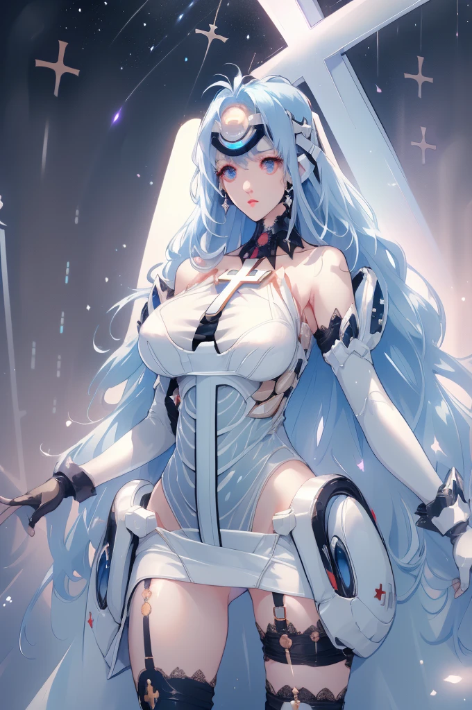 (masterpiece:1.3), (8K、photorealistic, Raw photo, best quality:1.4), (solo), one girl, (((kos-mos))), beautiful face, Beautiful face with perfect symmetry, cute face, (smile), (beautiful light blue long hair), With bangs, There is a visor on the forehead, beautiful purple eyes, perfect anatomy, (high detail skin: 1.2), natural breast, beautiful thighs, Natural buttocks, white costume, mini skirt, costume with open chest, outer space, (Inside the spacecraft), ((lean forward and look into the camera's viewfinder)), perfect lighting, focus only, perfect anatomy,Front view,
