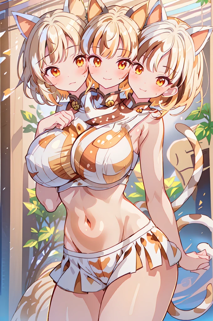 realist, 1 girl, Bob cut blonde hair, , bright eyes,big breasts, Top Cropped Deco Tade, short skirt, No panties, , blush, night, Flores Island, sun, luz sunar,(Cat ear)、8k,vivid night、Different world、big moon、one piece bikini、smile、open your mouth and laugh