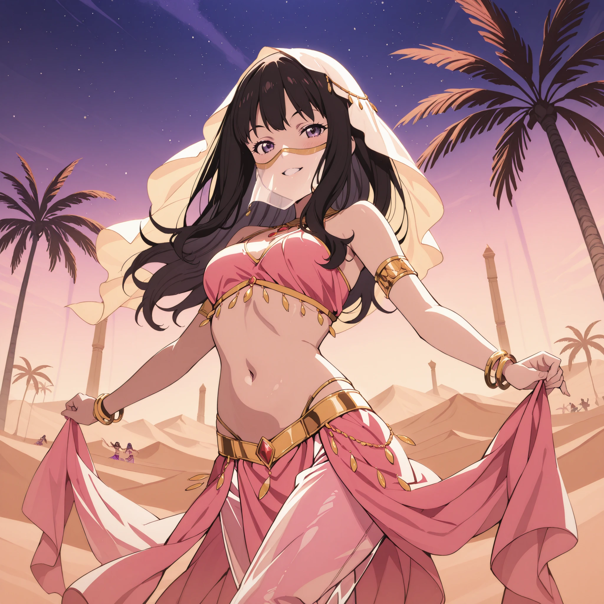 1girl:1 . 5) , (Seul:1 . 5) , score_9 , score_8_haut , score_7_haut , source_anime , Official work , ultra-detailed , masterpiece , best quality plaid shorts , high res , beaux yeux , detailed eyes , Detailed Face , beautiful detailed eyes ,Lycoris Recoil, Inoue Takina , Arabian Clothes , Arabian Dancer ,belly dancer costume , face veil, veil , golden jewelery,harem outfit, harem skirt, transparent pants, belly dancing, harem veil , night , desert landscapse, palm tree, seductive smile, dancing with veil, dynamic movement, seductive pose