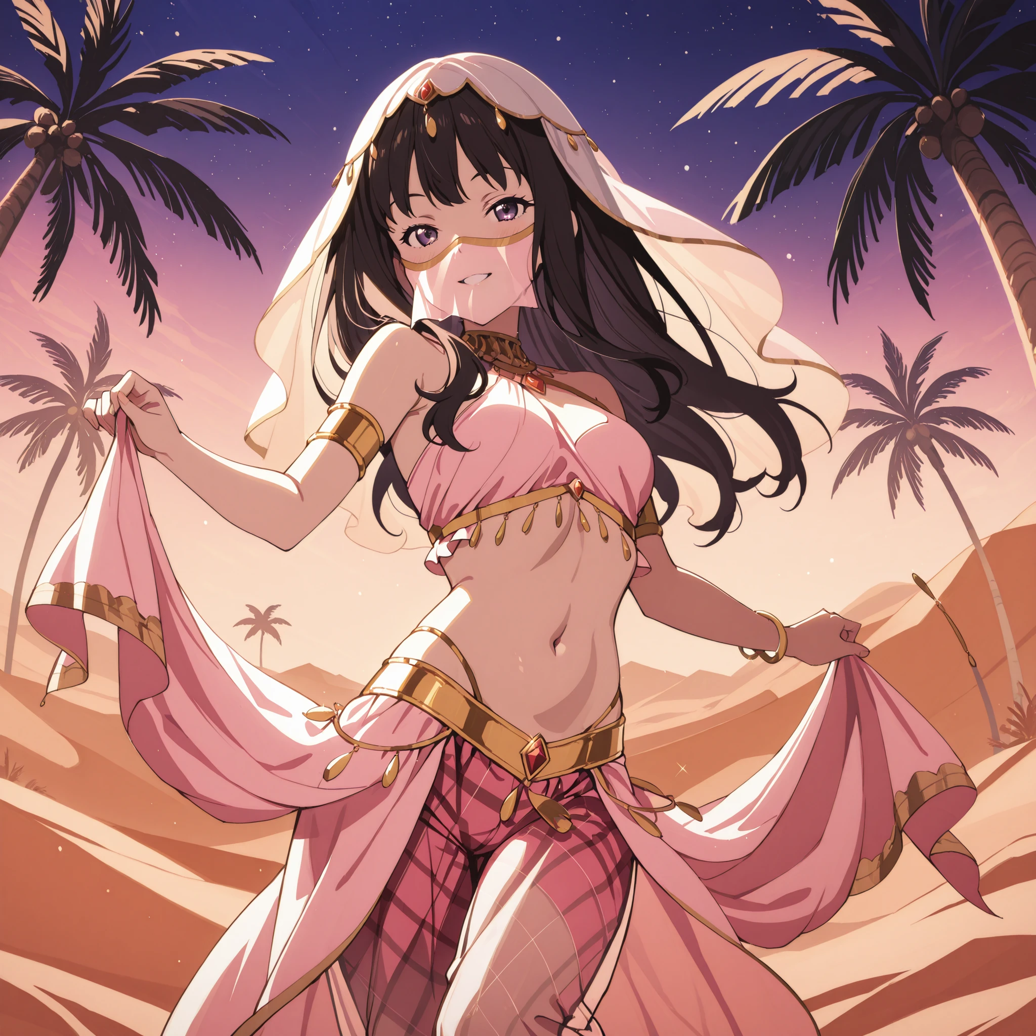 1girl:1 . 5) , (Seul:1 . 5) , score_9 , score_8_haut , score_7_haut , source_anime , Official work  , ultra-detailed , masterpiece , best quality plaid shorts , high res , beaux yeux , detailed eyes , Detailed Face , beautiful detailed eyes ,Lycoris Recoil, Inoue Takina , Arabian Clothes , Arabian Dancer ,belly dancer costume , face veil, veil , golden jewelery,harem outfit, harem skirt, transparent pants, belly dancing, harem veil , night , desert landscapse, palm tree, seductive smile, dancing with veil, dynamic movement, seductive pose
