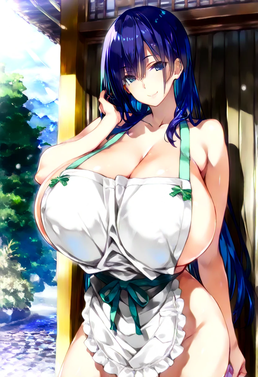 score_9, score_8_up, score_7_up, shaded BREAK 1girl, solo, Yatsu Murasaki, blue hair, green eyes, long hair, hair ornament, outdoors, sunset, balcony, v-shaped eyebrows, smug, looking at viewer, white sundress, futanari, penis, precum, bulge, arms behind back, leaning forward, large breasts, huge breasts, round full breasts, super thin waist, heart shaped hips, 