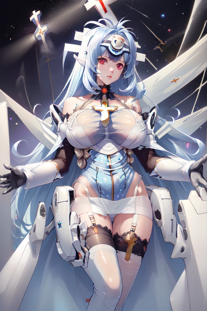 girl, alone, yamato_\(KanColle\), (take me_costume), headgear, Broke up_sleeve, long sleeve, white skirt, pleated skirt, black_High high, just_shoulder, white coat, ノーsleeveコート, clothing clippings, coat on shoulder, long coat, metal collar, shoulder cutout, collar,,lace fancy panties,open your legs,open thighs,blush,high socks,big breasts 2.0,very big ,very big breasts,(huge breasts:1.8),My clothes are transparent,I can see the nipples、Completely naked,My underwear is transparent,pussy