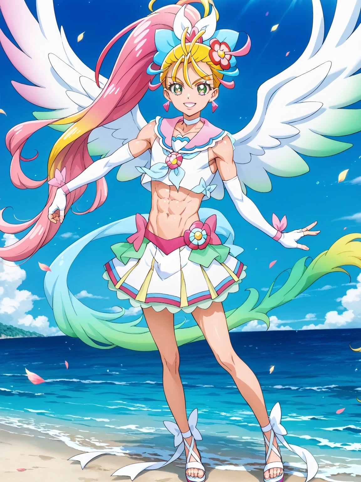 score 9 , score 8 up, score 7 up, source anime, masterpiece, Best quality, Best resolution, best image quality, anime coloring, anime screenshot, anime screencap, 1boy, cure summer, (male:1.5), long haired anime boy, 美しい天の魔道士, flower, jewelry, hair ornament, sea warrior, sunshine aura, heavenly aura, sea aura, solo, long blonde haired boy, high ponytail hair, multicolored hair, two tone hair, streaked hair, gradient hair, pink hair, eyelashes, thick eyebrows, hair flip, zodiac boy knight, flower hair ornament, sparking magical boy, royal elegant pose, anime boy is wearing a white crop top dress, anime boy is wearing a Belly button outfit, anime prince, white arm warmers, white gloves, white sandals, white detached sleeves, elbow gloves, white choker, fingerless gloves, sailor collar with an pink, neckerchief with an pink, lips, triangle earrings, white mini skirt, 彼の周りの魔法のオーラ, green frills under white mini skirt, Portrait of a Zodiac boy Knight, boyish taste, cure summer outfit, 魔法の光沢のある肌, tom boy style, a cheerful smile, slender body, day time!!,  male focus, looking at viewer, solo focus, cowboy shot, bare shoulders, bare arms, bare legs,midriff, navel, abs, covered pectoralis major, stomach, biceps, biceps long head, biceps short head, triceps, deltoids, thigh muscles, hamstrings, adductor magnus muscles,(manly:1.5), (male body:1.5), (male face:1.5), covered short penis, bulge short penis under outfit,