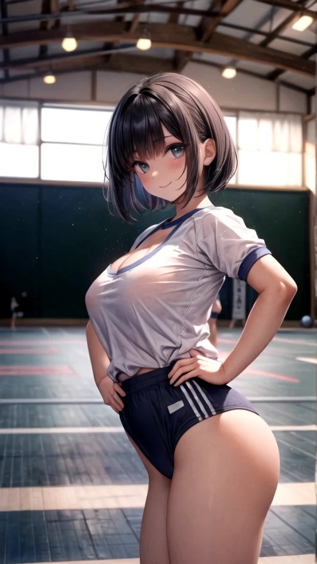 (masterpiece, best quality:1.2), Shader, High contrast, behind shot, 1girl, kawaii, (super big breasts, micro waist, very long legs:1.3), Black hair, short bob hair, short height, scrawny and thin body, Light Skin, cute big eyes, cute beautiful thin face, school gym buruma, pigeon-toed, wet and sweaty, visible ribs, V sign, Trembling