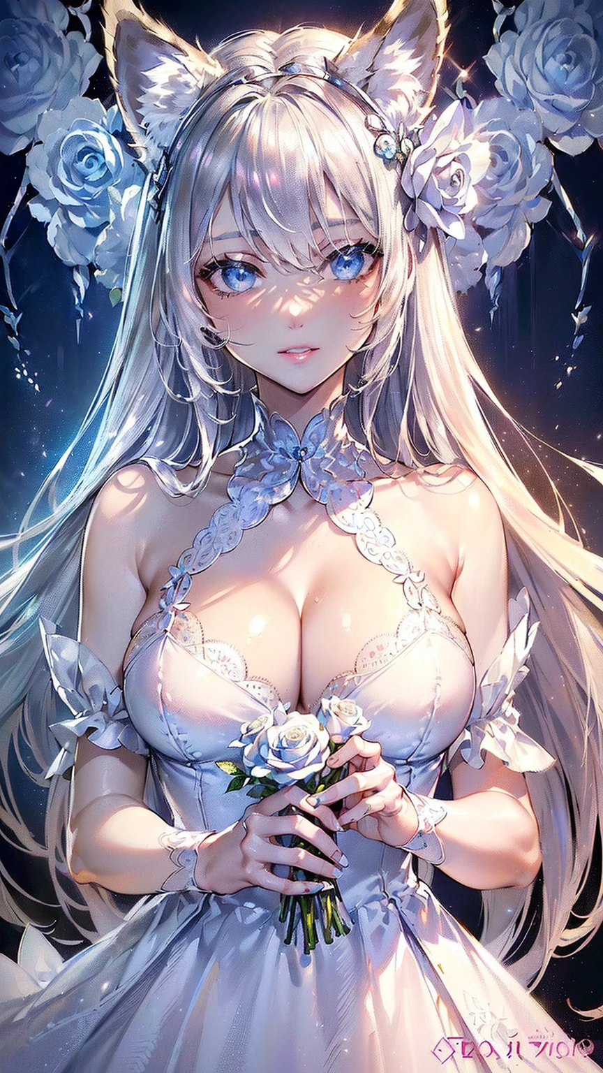 silber hair,butterflys,long whitr hair,white wedding gown,8k wallpaper,detailedbackground,Highest high resolution,deep v big breasts,Hair covers one eye,Bandeau wedding dress,chies,White rose,tight-fitting,chies,In the daytime,