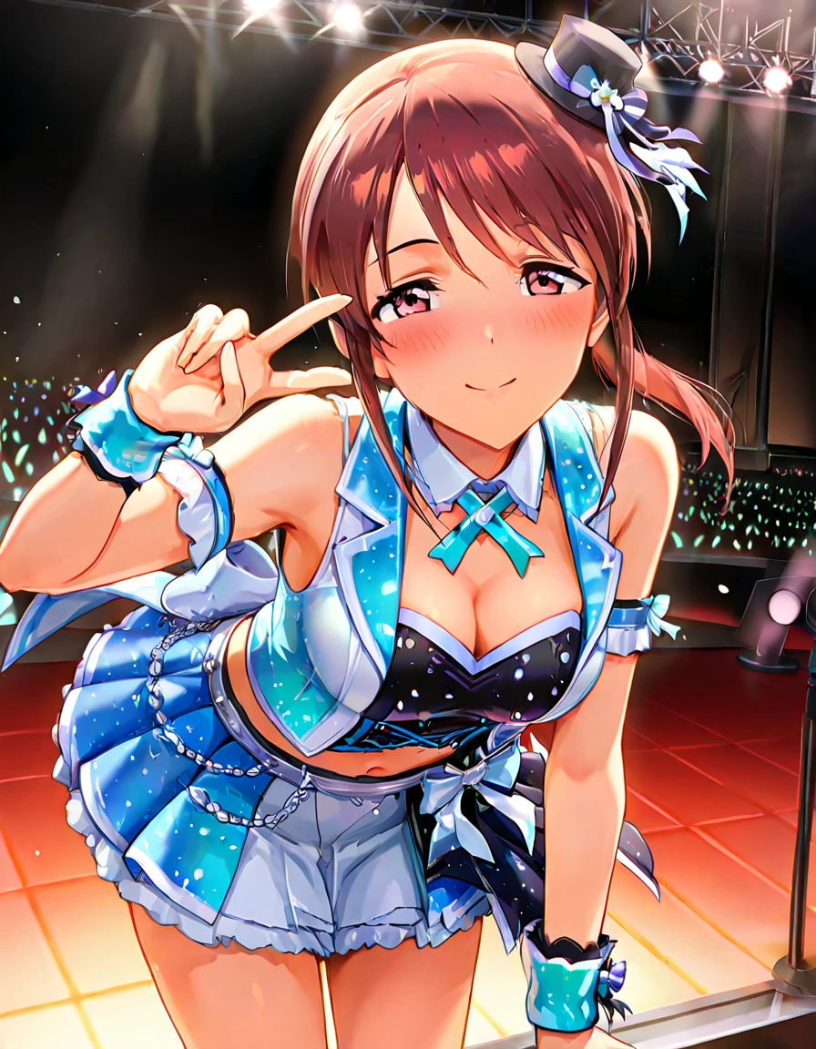 (((Pixel perfect, perfect in every detail))),(((Diameter-downward view of skirt,))), alone, one girl, Kosaka Honoka, (μ's idol dress), looking at viewer, smiling, μ's,Love Live! stage, singing, (Lifted Skirt 1.3), (Detailed Panties 1.3), (White Panties: 1.3), (Frilled Panties: 1.3),(Upskirt), (Cotton Panties), (Low angle) ,(Frilled Petticoat),blue eyes,orange hair,one side ponytail,short hair,(Spread Legs: 1.3)