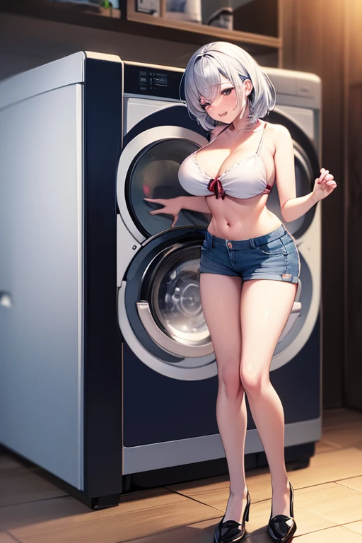 ((best quality)), ((highly detailed)), masterpiece, absurdres, extremely detailed face, beautiful face, (detailed eyes, deep eyes), (1girl), full body, ((wet elbow gloves)), albino, white hair, short hair, red eyes, <lora:whiteeyelash:1.5>, eyelashes, very pale skin, <lora:skinnyv2:1>, skinny, (long legs), (inside, in a laundromat, plaid bra, panties), <lora:GreenArtistSpice:.8>, greenartistspice