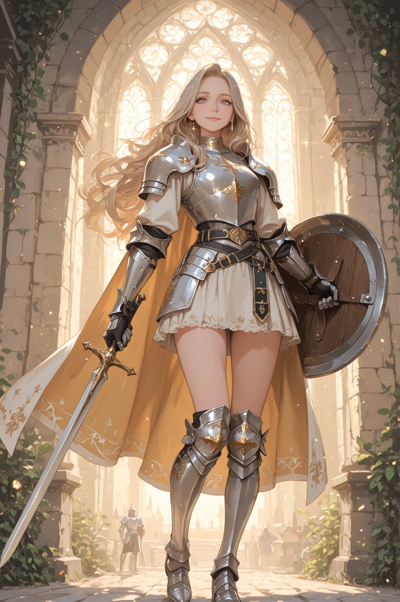 1 girl, masterpiece, maiden, 18 yo, (ideal female body:1.2), perfect body, (metallic halter-top armor:1.4), (huge breasts:1.3), (brown pantyhose under metallic pleated skirt:1.2), (low wedge heel booties:1.1), long straight platinum-blonde hair, metallic golden wings, backdrop of snowy ancient ruins, (small hips:1.1), small butt, (thin:1.1), skinny girl, short, (155 centimeters tall:1.2), athletic, detailed face, detailed skin, golden circlet, (walking towards the viewer:1.2), natural lighting, 8k, HDR, amazing details, hyper-realistic, photorealistic, raising the legendary sword Excalibur on high