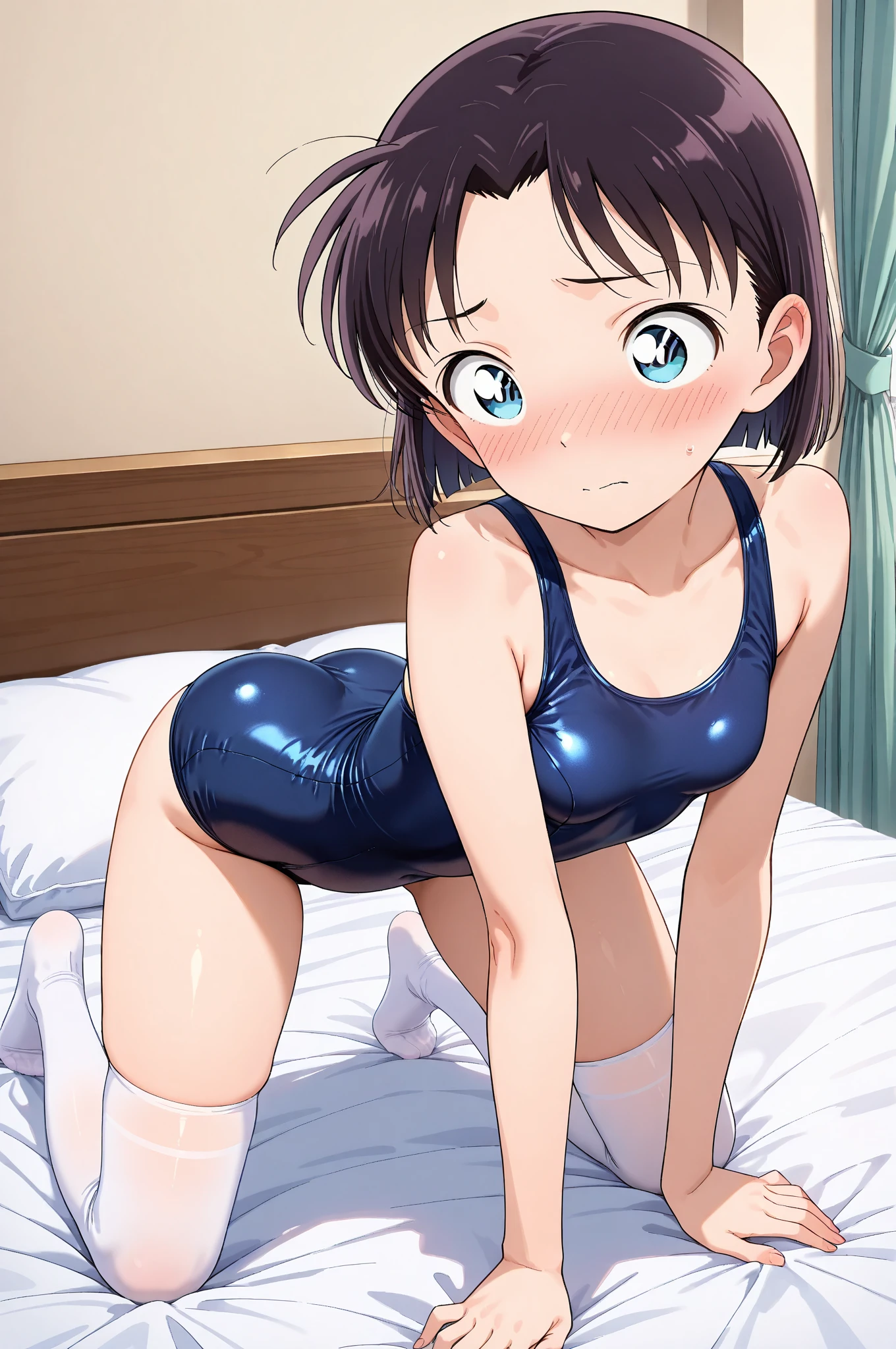 15 year old Japanese, 、Black short bob, short hair, asymmetric hairstyle、small size of breasts, Flat Chest、Slim body, squatting position, Spread your legs, Spread your legs, Only one girl, On the bed、One piece swimsuit、Navy blue school swimsuit、Front of body、looking at the camera、Glaring、Angry crying、Flowing Tears、barefoot、Camel Toe、Pee、Yellow water from the genitals