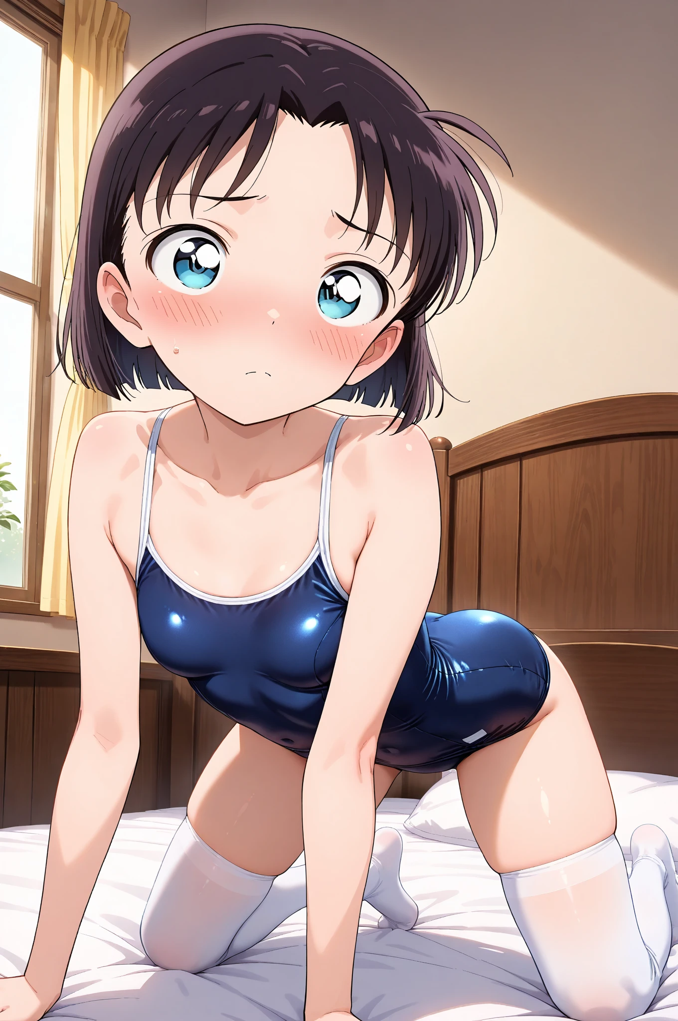 (((Perfect Anatomy, Anatomically correct, Very detailedな肌))), 1 girl, Japanese, middle School girls, Shiny skin, 
Beautiful Hair, Beautiful Face, Beautiful fine details, (short hair:1.1, Bobcut:1.2), Light Brown Hair, blue eyes, Baby Face, Mole under the eye, 
Beautiful clavicle, Beautiful body, Beautiful breasts, Visible nipples, Big Breasts, Large Breasts, Saggy breasts, Beautiful thighs, Beautiful feet, 
((Navy one piece swimsuit, Navy school swimsuit, barefoot)), Captivating thighs, , 
((Ahegao, Embarrassing, Drooling, Open your mouth, Sweaty)), ((Spread your legs)), 
(Beautiful views), 
8k, highest quality, Masterpiece​:1.2, Very detailed), (Realistic), Beautiful illustrations, Natural light, Is urinating, Hitting the pole in the crotch, 9 Months Pregnant