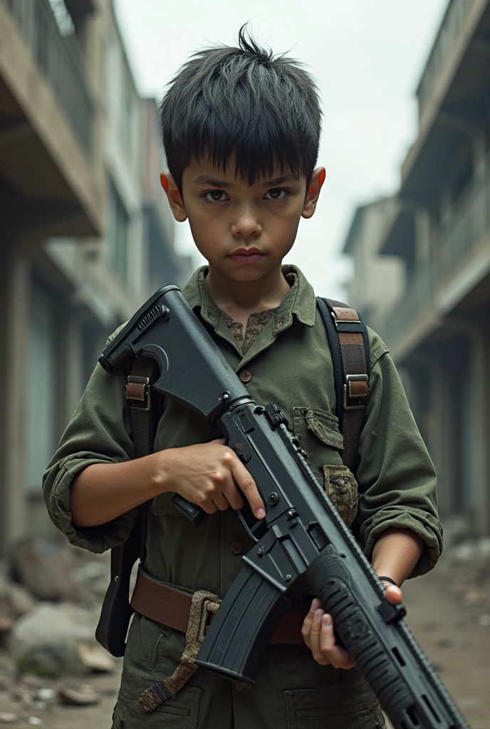 little boy Indonesian with a gun sniper pose dynamic low view camera, masterpiece