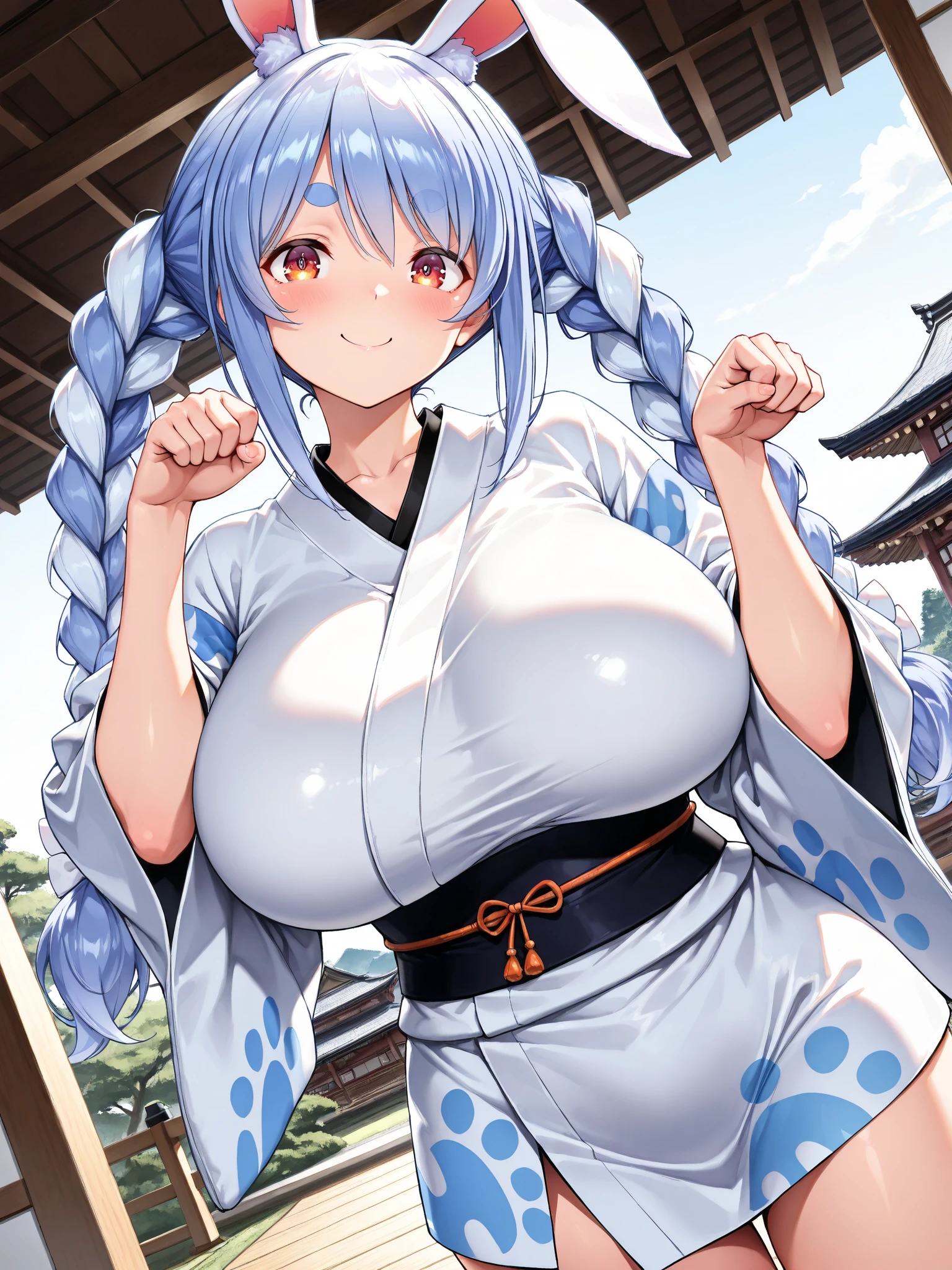 1girl, nsfw, MURAKAMIFUMIO, BLUE HAIR, HAIRCLIP, hair ornament, TWIN BRAIDS, BRAID, HAIR OVER SHOULDER, LONG HAIR, Blue eyes,, empty eyes, large breasts, nipple, shrine, sea, frozen, (Sweating profusely, Love juice, Wet Woman, female ejaculation), crying, Naked, (1girl) Peeing, lactation, projectile lactation