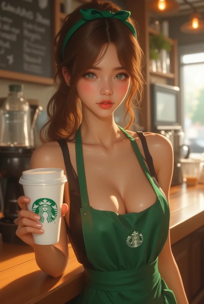 A girl in a Starbucks uniform makes coffee,Wearing a baseball cap on his head,Clothes and skin are soaked all over,(wetclothes:1.8),Reflective skin,Sweaty skin,high high quality、tmasterpiece、Hyper-Resolution、barechested、NAKED Apron、wearing apron、full bodyesbian、
