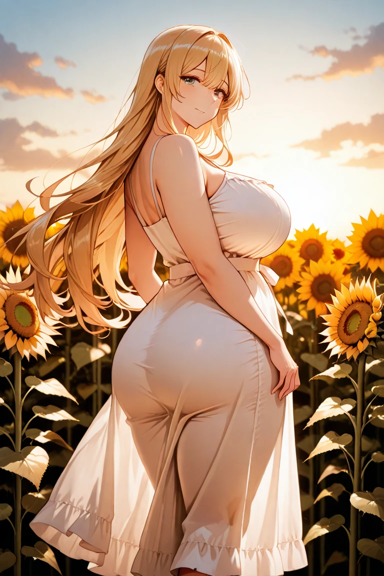 1 girl， (((raised high huge round buttocks))), Wide  A sunflower field in full bloom， a woman in Translucent white thong (underwear),long shot,wide view, commercial photography，award-winning photograph，(photorealistic),unity 8k wallpaper,(ultra detailed:1.3),(light_on_face:1.4)，CanonEOS 5D MarkIV DSLR