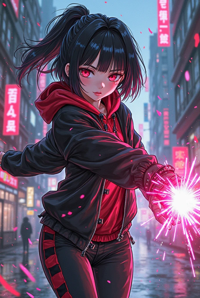 Anime,chibi , girl,15 year old, full body,sad,black and red headset,Black hoodie with white roses,short black skirt, night city background,rain, brown eyes, black hair
