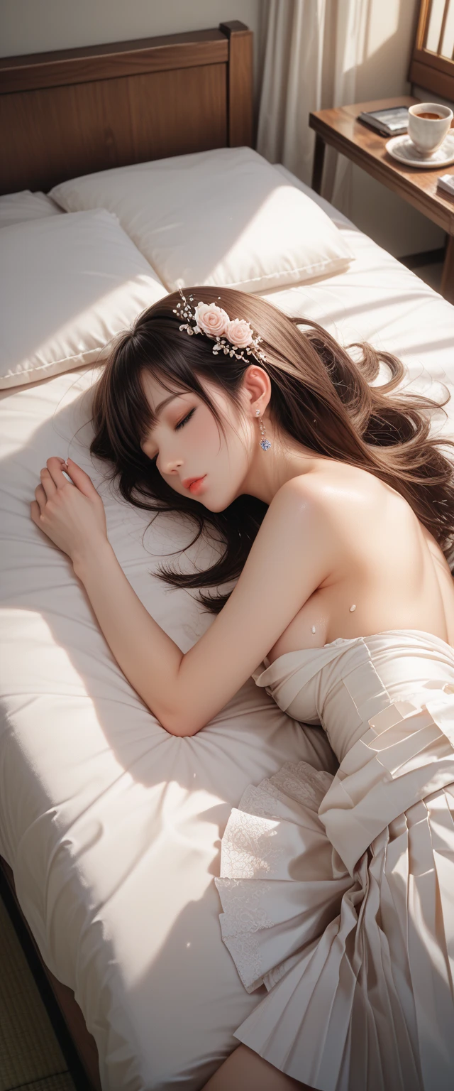 sleeping dead girl,wedding dress,armpit,pale skin,hands behind head,zombie,rose flower