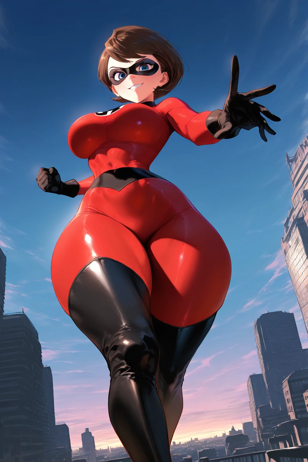 GTS, giantess, curvy, busty, grin, evil, thick thighs, full body shot, aerial view