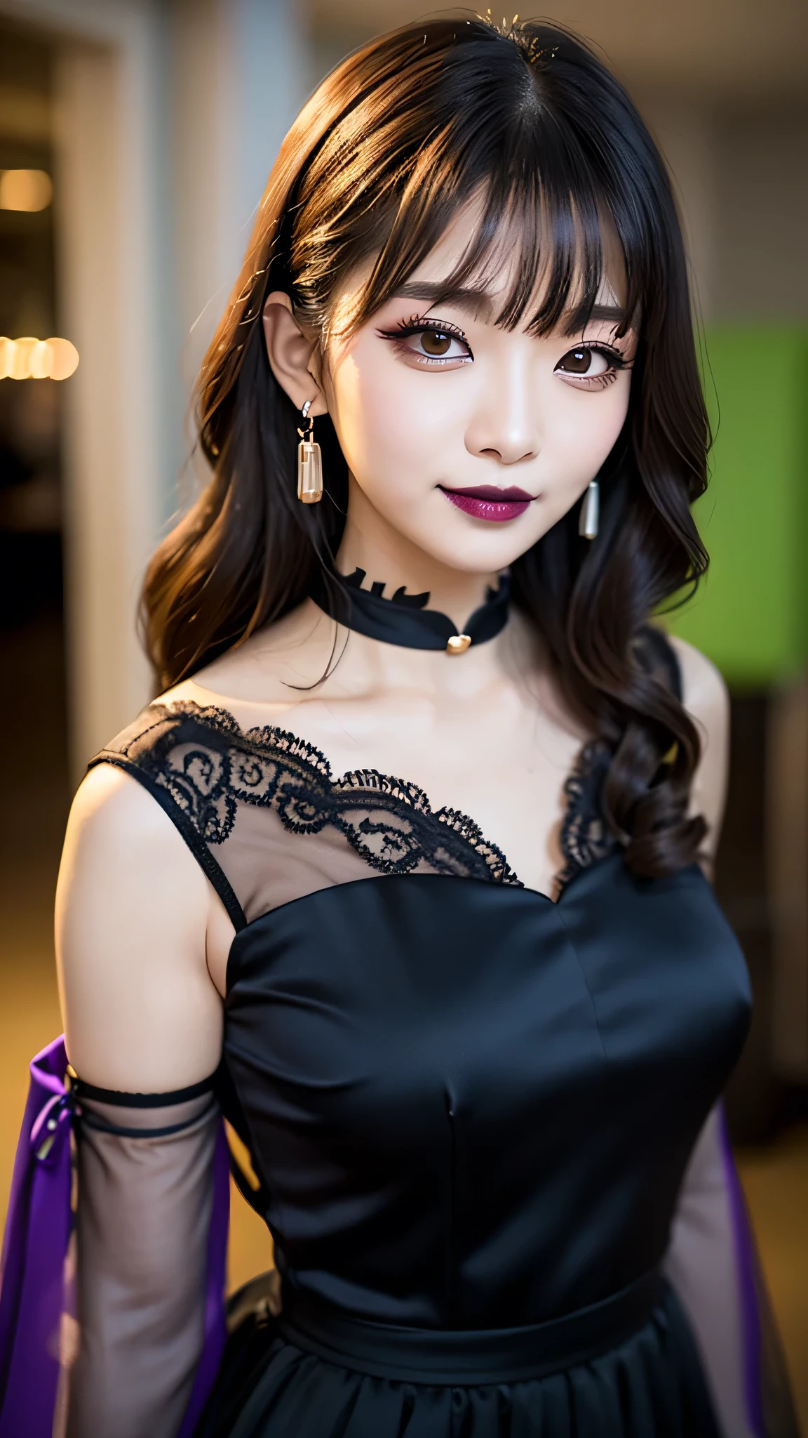 Best image quality、8K、Ultra-high resolution:1.5、Japanese、Delicate eyes、Sensitive face、Attractive face、Japanese、woman、ponytail、Scrunchie、chandelier、whole body、Black Dress、tiara、necklace、Long black lace gloves