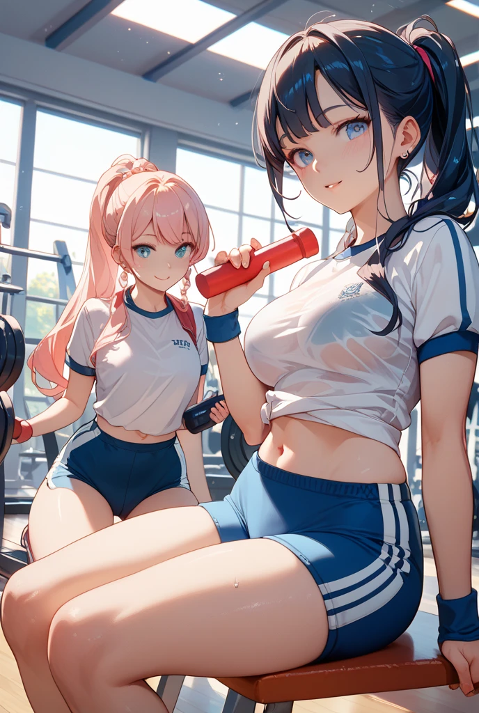 2 girls,Plump figure,Extremely huge,in the gym,Ride on a giant balancing ball,Sweating,