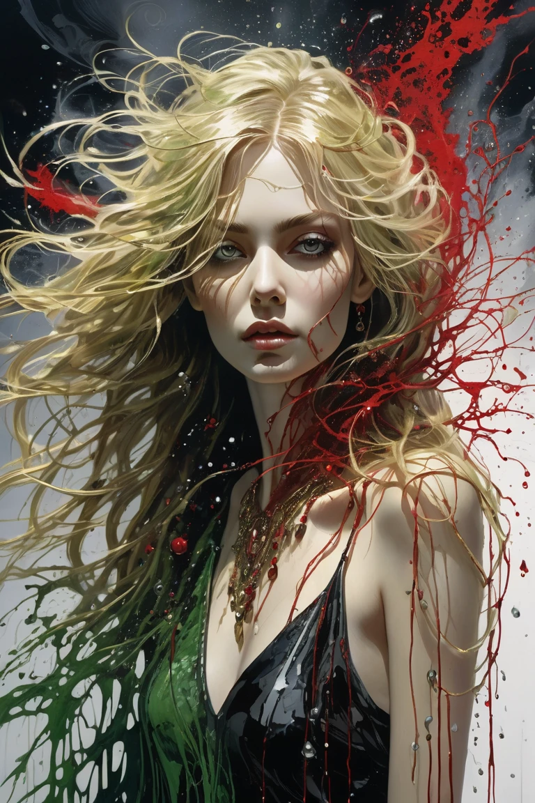 ((a watercolor portrait of an exquisite, glamour female vampire: 1.5)) , pale face, blond hair, long vibrant shiny hair, glamorous hair, emerald green eyes, deep  eyes, red lips,  lips, ((two vampiric fangs: 1.5), drops of blood dripping from the mouth, ((1920's style: 1.5)), (highest quality:1.2, Very detailed, up to date, Vibrant, Ultra-high resolution, High Contrast, masterpiece:1.2, highest quality, Best aesthetics), best details, best quality, highres, ultra wide angle, 16k, [ultra detailed], masterpiece, best quality, (extremely detailed), Genetically modified..., Cinematic Hollywood Film, traditional watercolor painting