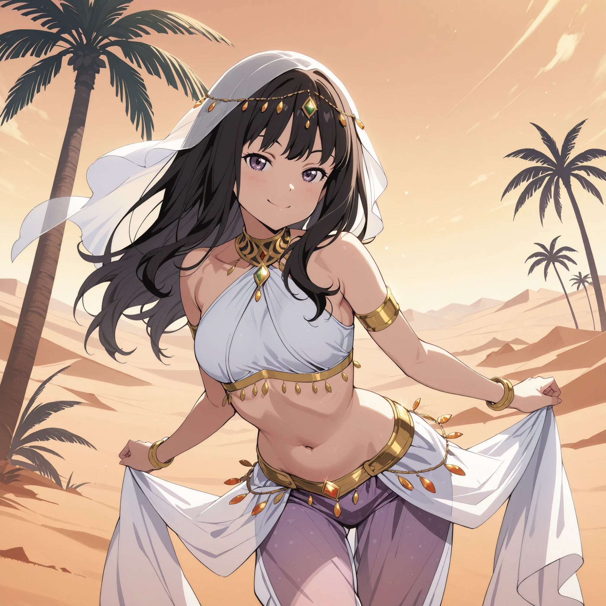 1girl:1 . 5) , (Seul:1 . 5) , score_9 , score_8_haut , score_7_haut , source_anime , Official work , ultra-detailed , masterpiece , best quality plaid shorts , high res , beaux yeux , detailed eyes , Detailed Face , beautiful detailed eyes ,Lycoris Recoil, Inoue Takina , Arabian Clothes , Arabian Dancer ,belly dancer costume , veil , golden jewelery,harem outfit, harem skirt, transparent pants, belly dancing, harem veil , desert landscapse, palm tree, seductive smile, dancing with veil, dynamic movement, seductive pose