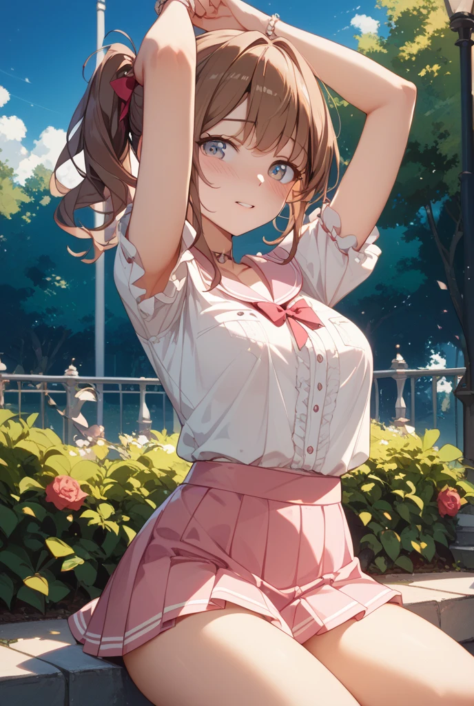 masterpiece,((Highest quality)),8k wallpaper,Precise Representation,((Very detailed explanation)). ((Woman 1)),20-year-old,so beautiful,((Fine facial details)),Perfect Anatomy,Correct Anatomy,Perfect Face,Perfect Arms,,Perfect Fingers,Perfect waist,Perfect Thighs,amount,Beautiful blonde,View your audience,I see the camera flash,Bright Blue Eyes,((anger:1.5)),((Embarrassing 1.1)),((The facial features are also drawn in detail....)),((blush:1.5)),wear a white blouse with a ruffled collar,wearing a purple corset,Maid Cosplay,White mini skirt with white frills,((Raise the hem of a skirt)),((Show off your panties to your audience)),((Showing off her pink lace panties)),White Stockings,((75 degree angle from bottom)),Close-up shot,French Model. The background is a cherry tree,spring,noon,The wind is blowing,Many cherry blossom petals are falling,wonderful.