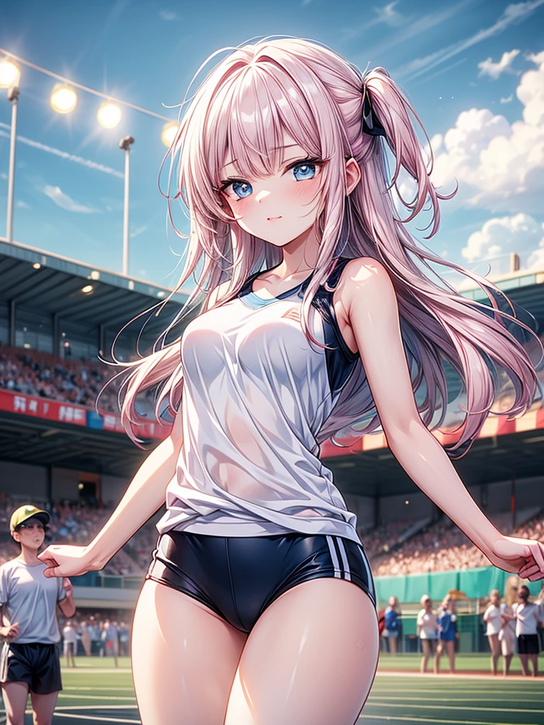 realistic, 1girl, ponytail, parted lips, blush, makeup, light smile, white hair, sportswear, skirt, wet clothes, glow, thighs, purple eye, bare shoulders, collarbone, narrow waist, sunbeam, sunlight, rose, wind, cleavage, (masterpiece), sweat,
