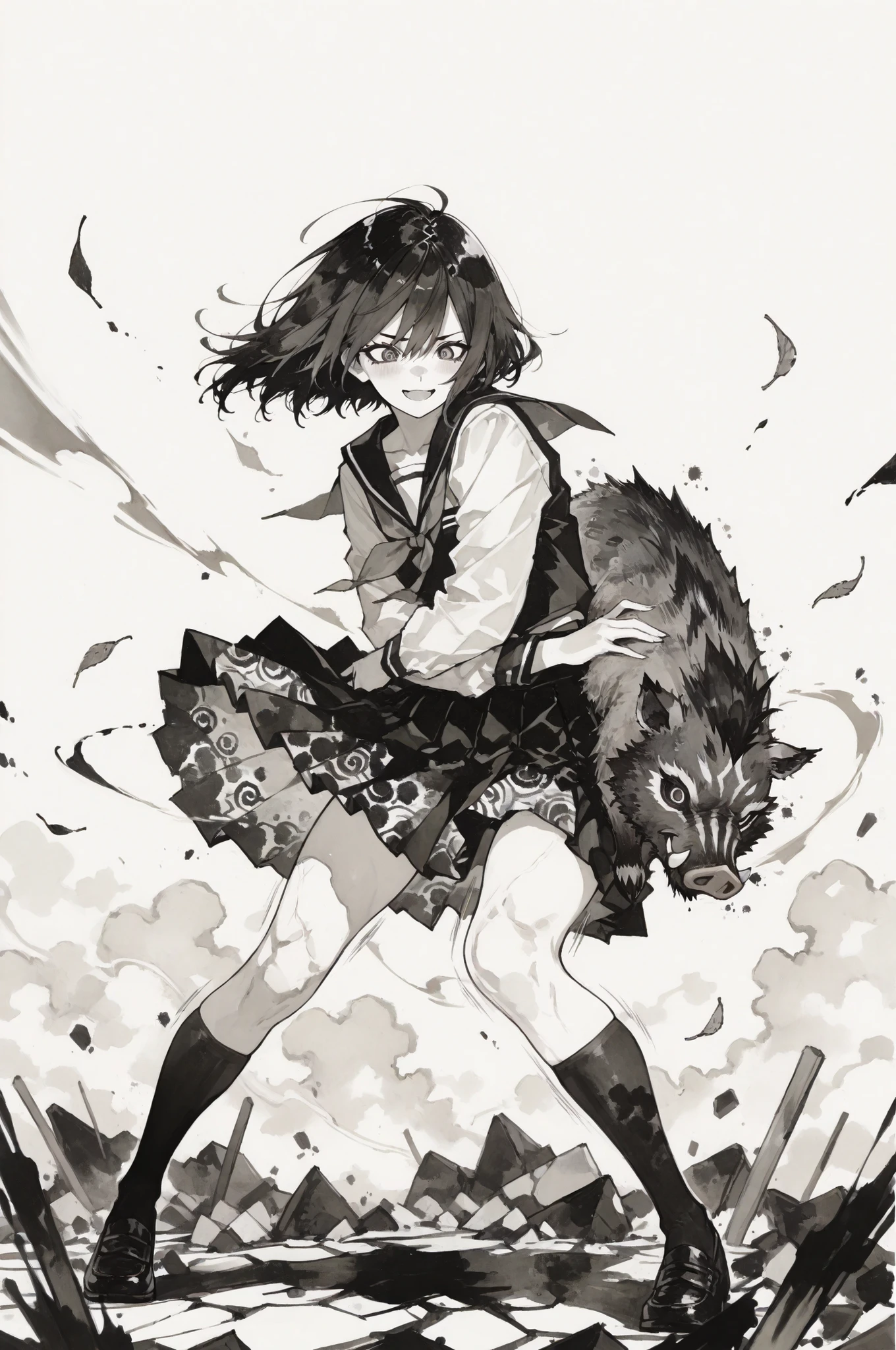 masterpiece, high quality, ultra-detailed 1 cute girl clinging to charging wild small boar, dynamic sumi-e style, petite girl, frightened yet excited expression, windswept hair, school uniform, flying skirt, massive wild boar, muscular build, fierce eyes, aggressive stance, powerful legs, dramatic charging pose, dust clouds, ground breaking effects, bold ink splashes, dynamic brush strokes, speed lines, motion blur, girl desperately holding boar's fur, dramatic pose, floating limbs, intense movement, directional force, rushing wind effects, aggressive ink techniques, varying densities, spontaneous marks, flying leaves and debris, wind pressure visualization, monochrome aesthetics, stark contrasts, ink gradations, energetic diagonal composition, forward momentum, rice paper texture, ink splatter patterns, dynamic brush work, traditional ink landscape elements, minimal background details
