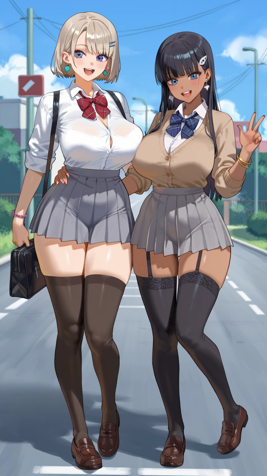 ((table top, highest quality, High resolution, nfsw, perfect pixel, 4K, nffsw, nffsw))), 1 girl, single, alone, beautiful woman、I could see the whole body、 , ((beautiful eyelashes, realistic eyes,realistic eyes)), ((detailed face, blush:1.2)), ((smooth texture:0.75, realistic texture:0.65, realistic:1.1,)), ((perfect hands,perfect fingers)),F cup, dynamic angle, perfect body, ((school uniform, black jacket, open jacket, Brown cardigan, white shirt, black skirt, plaid skirt,black tights,garter belt)), City staircase、Angle looking up from the bottom of the stairs、Very embarrassing panic smile, looked back、leaning forward、(The wind flipped my skirt and exposed my butt...........................、Touching the buttocks with both hands、Random color lace panties)、